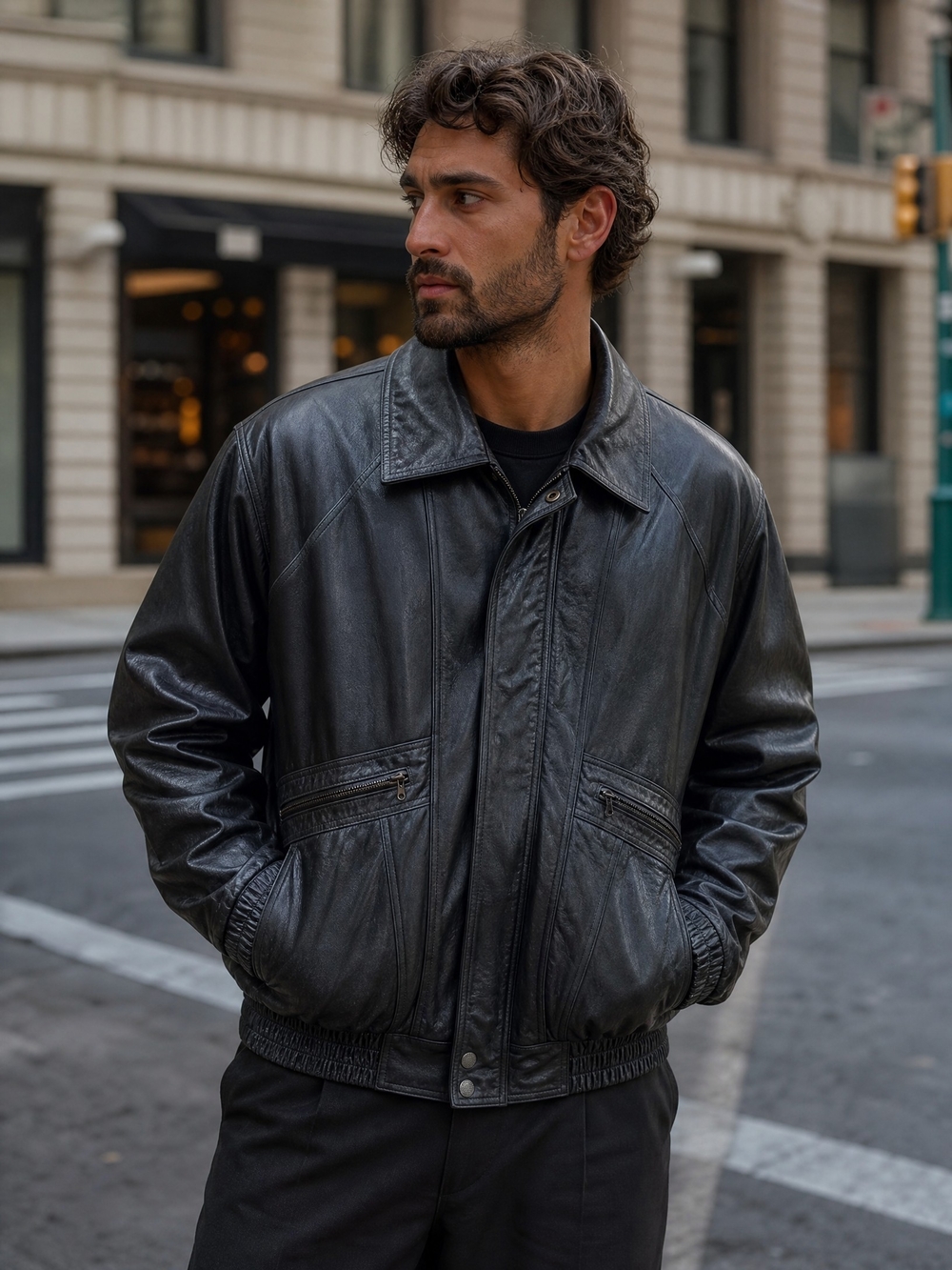 Vintage American Weekend Men's Genuine Leather Black Bomber Jacket Size L